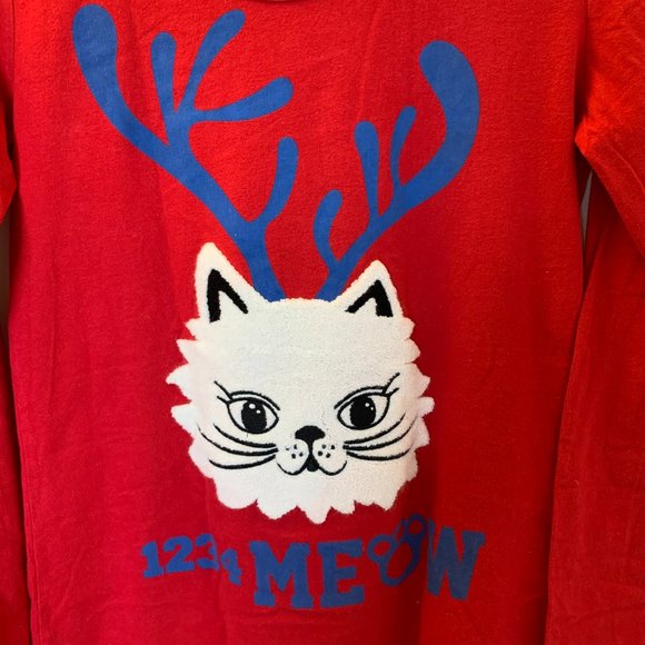 Red Long Sleeve Cotton Cartoon Cat T-shirt - Picture 2 of 6